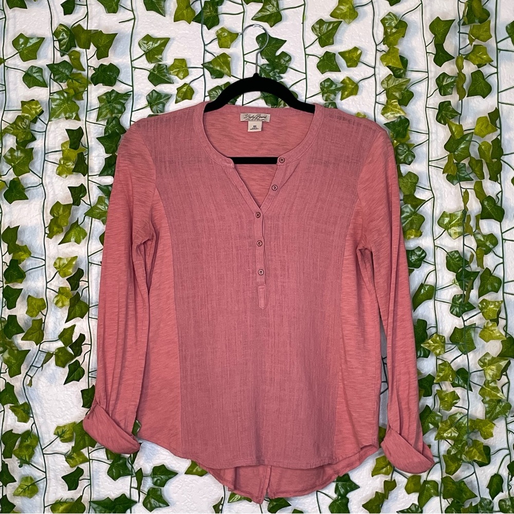 Lucky Brand Pink 3/4 Roll Sleeve 1/2 Button Down V-neck Top
